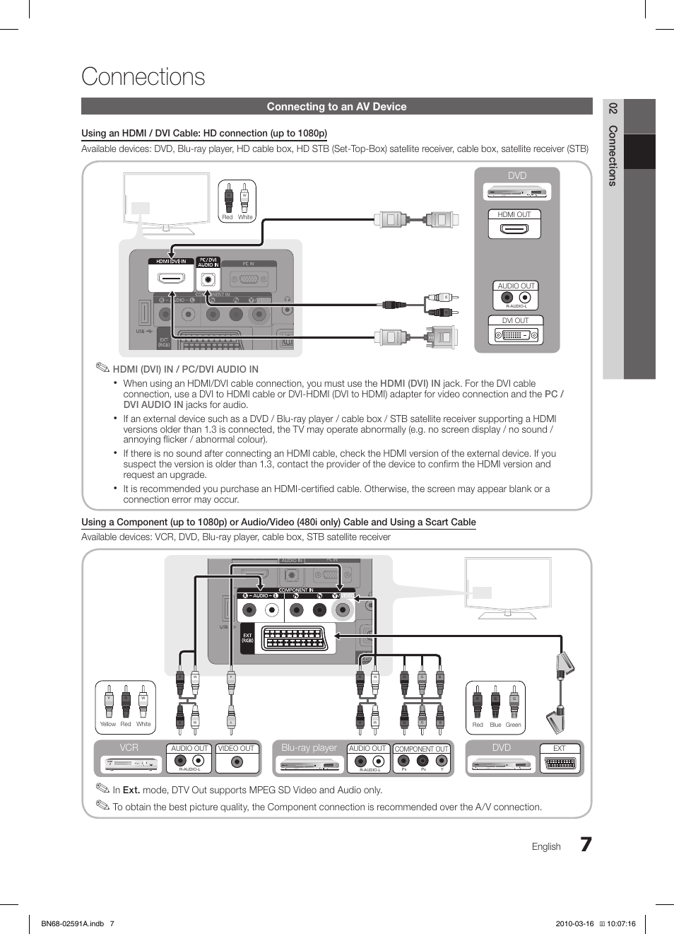 Connections, 02 connections, Connecting to an av device | English, Blu-ray player dvd vcr | Samsung LE19C451E2W User Manual | Page 7 / 158