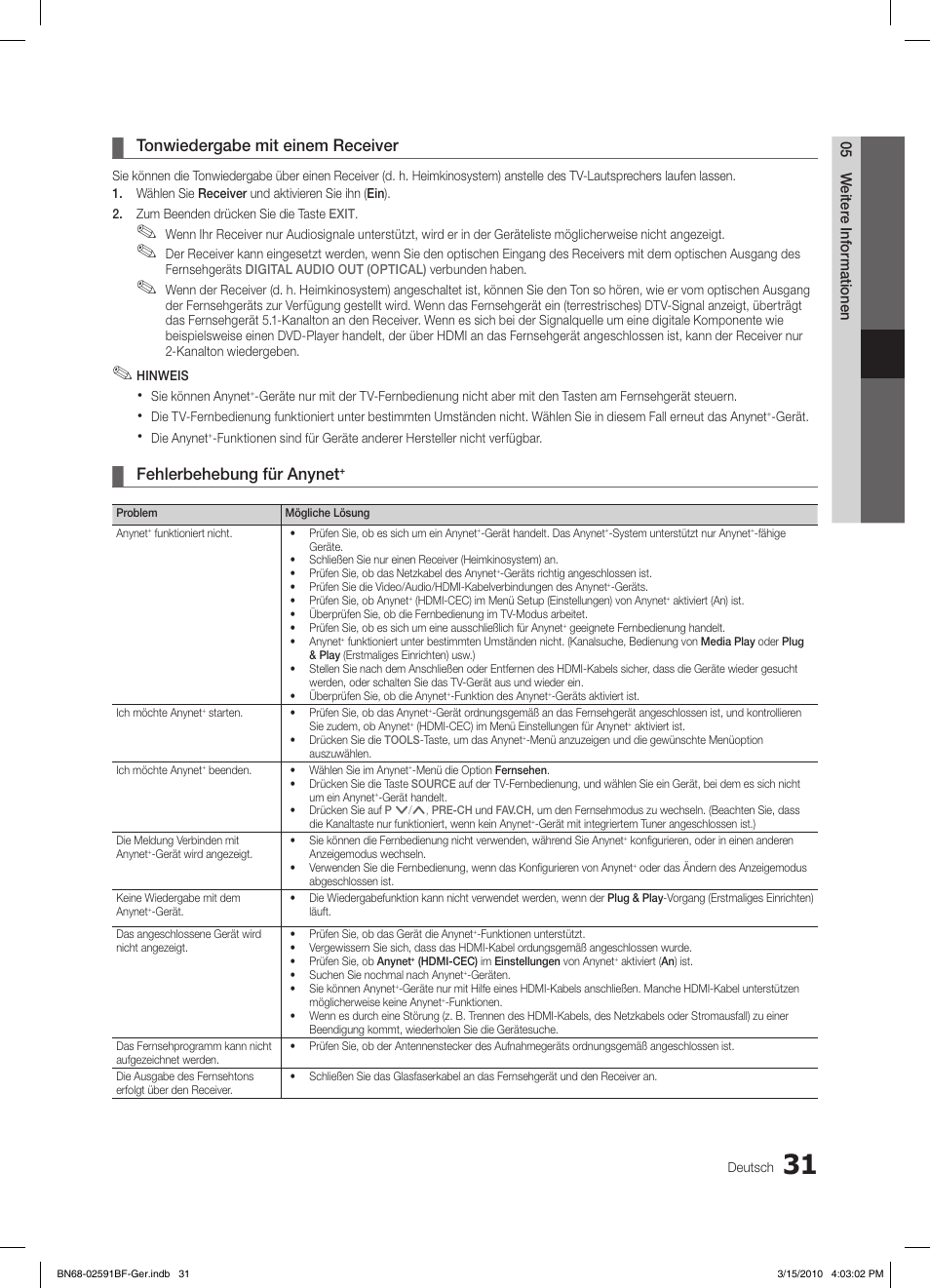 Tonwiedergabe mit einem receiver, Fehlerbehebung für anynet | Samsung LE19C451E2W User Manual | Page 70 / 158