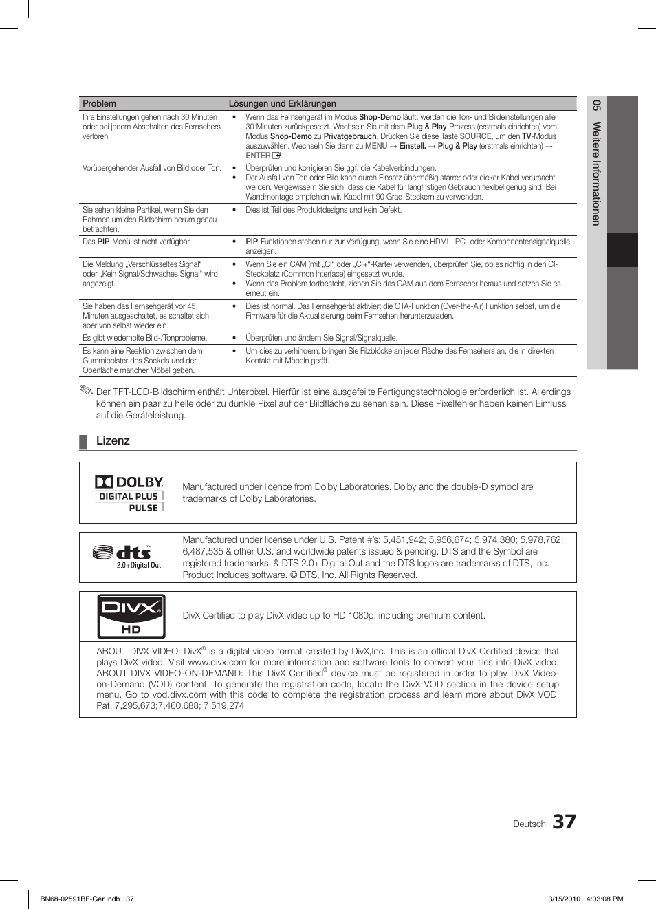 Lizenz | Samsung LE19C451E2W User Manual | Page 76 / 158