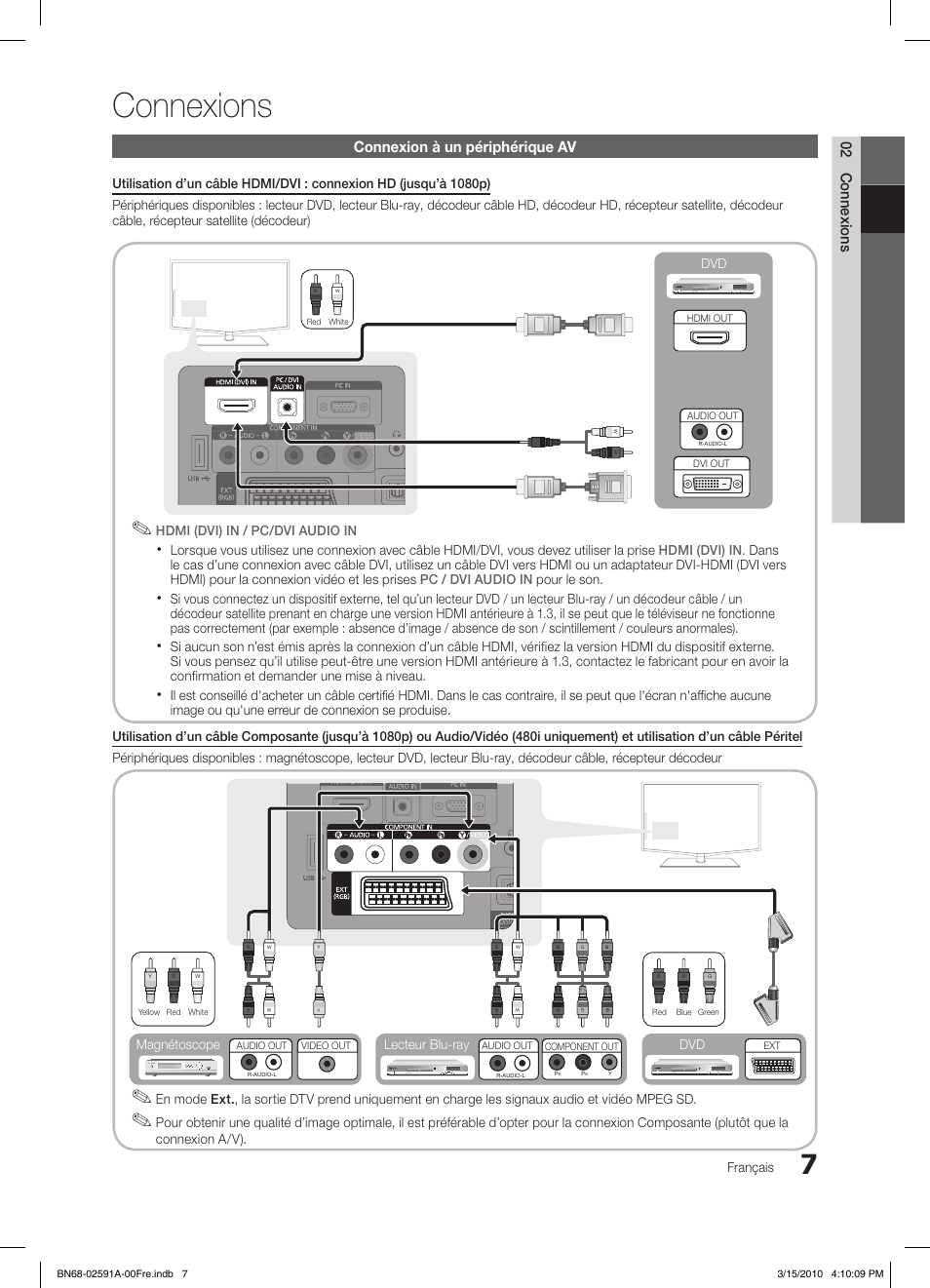 Connexions, 02 connexions, Connexion à un périphérique av | Français, Connexion a/v), Lecteur blu-ray dvd magnétoscope | Samsung LE19C451E2W User Manual | Page 85 / 158