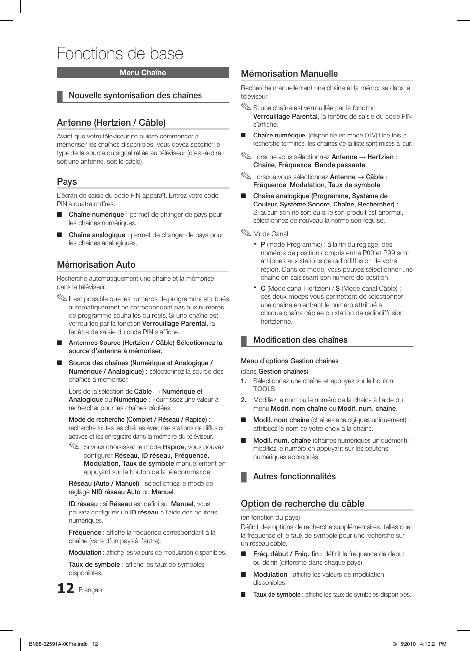 Fonctions de base, Antenne (hertzien / câble), Pays | Mémorisation auto, Mémorisation manuelle, Option de recherche du câble | Samsung LE19C451E2W User Manual | Page 90 / 158