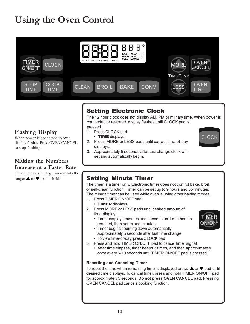 Using the oven control, Setting electronic clock, Setting minute timer | Flashing display, Making the numbers increase at a faster rate | Amana ACS7280A User Manual | Page 10 / 28