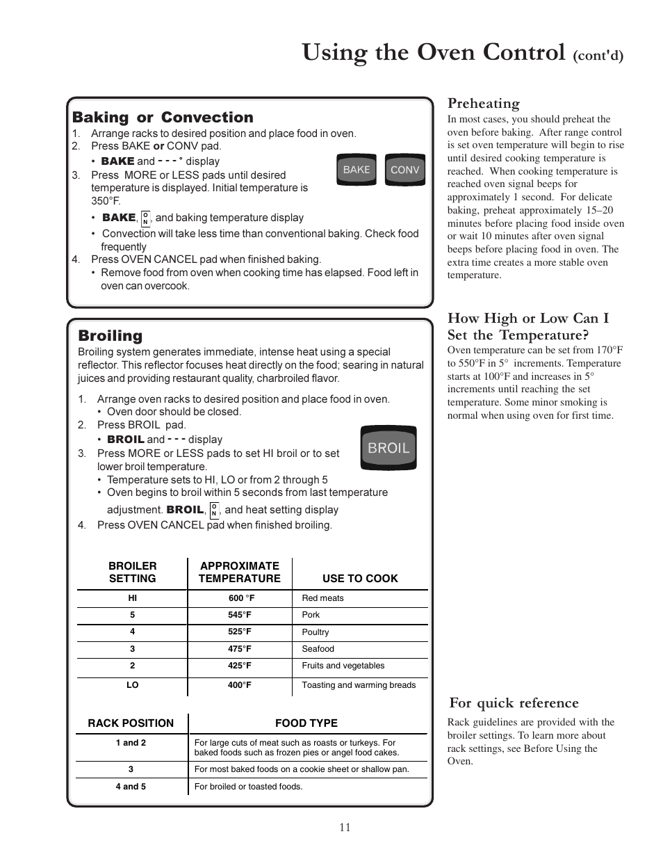 Using the oven control, Cont'd) baking or convection, Preheating | How high or low can i set the temperature, Broiling, For quick reference | Amana ACS7280A User Manual | Page 11 / 28