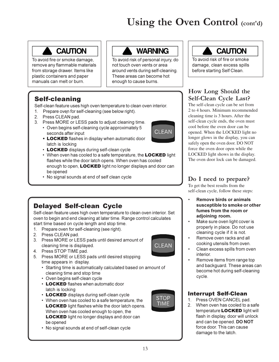 Using the oven control, Warning, Caution | Cont'd) how long should the self-clean cycle last, Do i need to prepare, Self-cleaning, Delayed self-clean cycle | Amana ACS7280A User Manual | Page 13 / 28