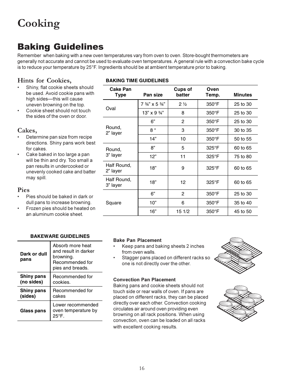 Cooking, Baking guidelines, Hints for cookies | Cakes, Pies | Amana ACS7280A User Manual | Page 16 / 28