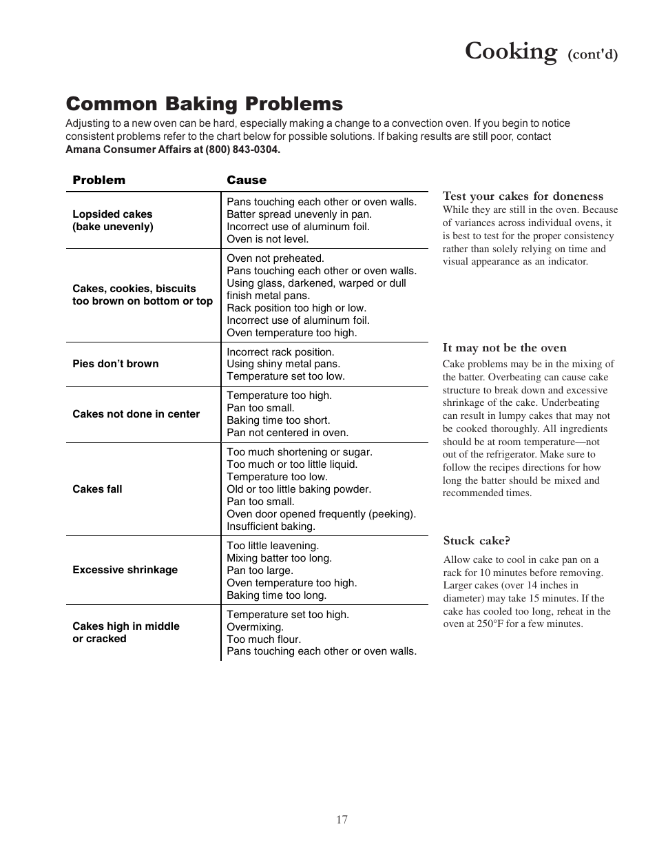 Cooking, Common baking problems, Cont'd) | Amana ACS7280A User Manual | Page 17 / 28