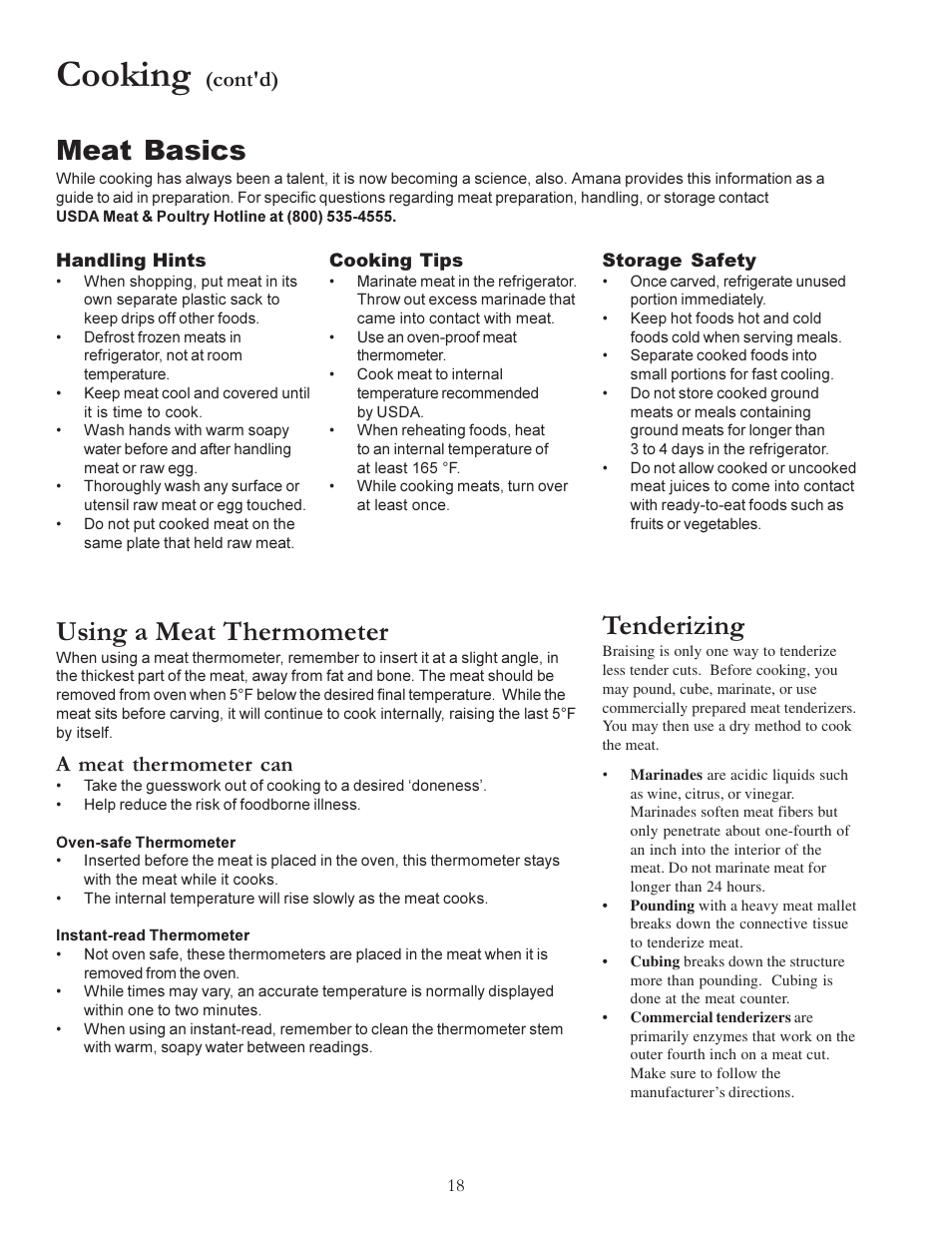 Cooking, Meat basics, Using a meat thermometer | Tenderizing, Cont'd), A meat thermometer can | Amana ACS7280A User Manual | Page 18 / 28