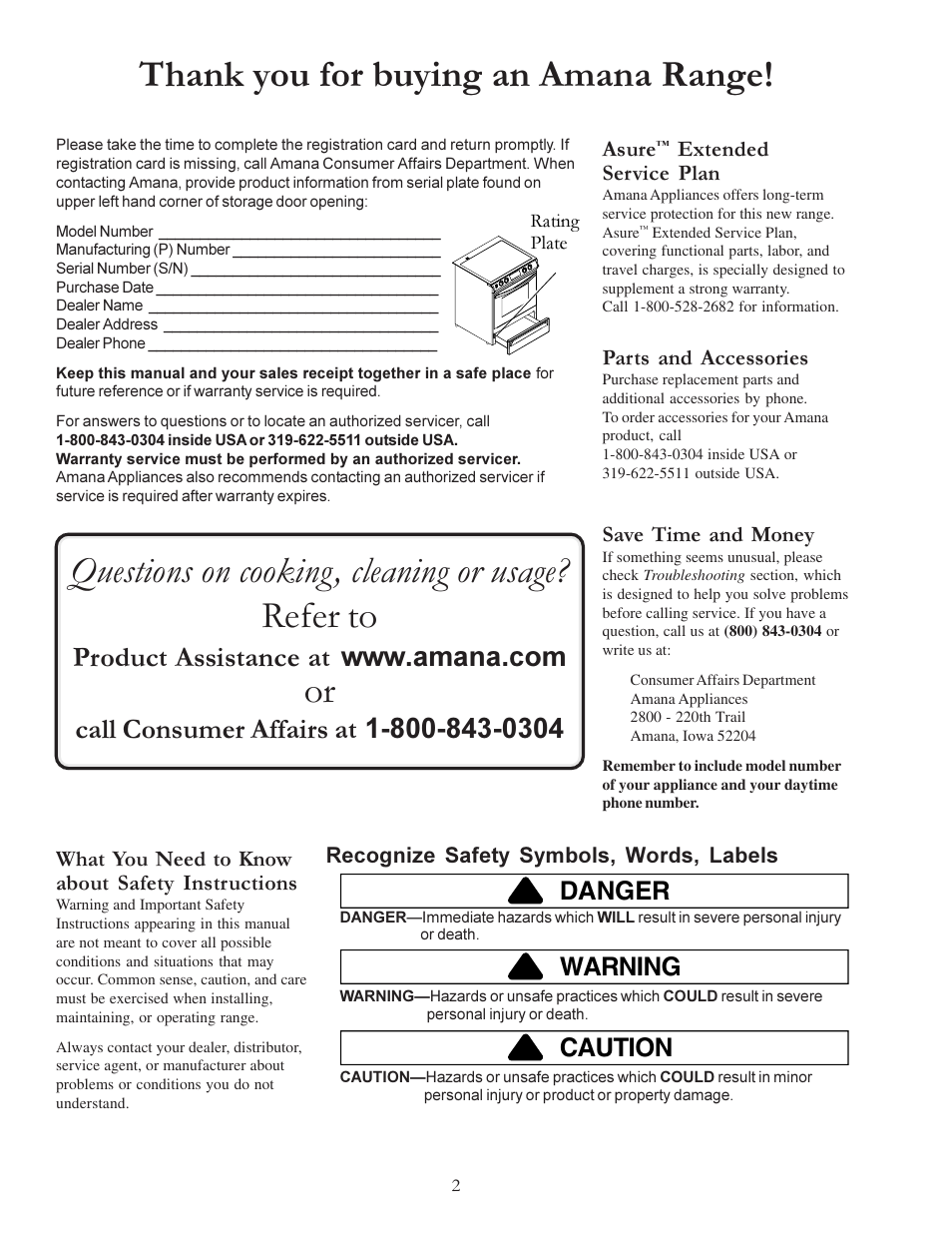 Questions on cooking, cleaning or usage? refer to, Product assistance at, Call consumer affairs at | Danger, Warning, Caution | Amana ACS7280A User Manual | Page 2 / 28