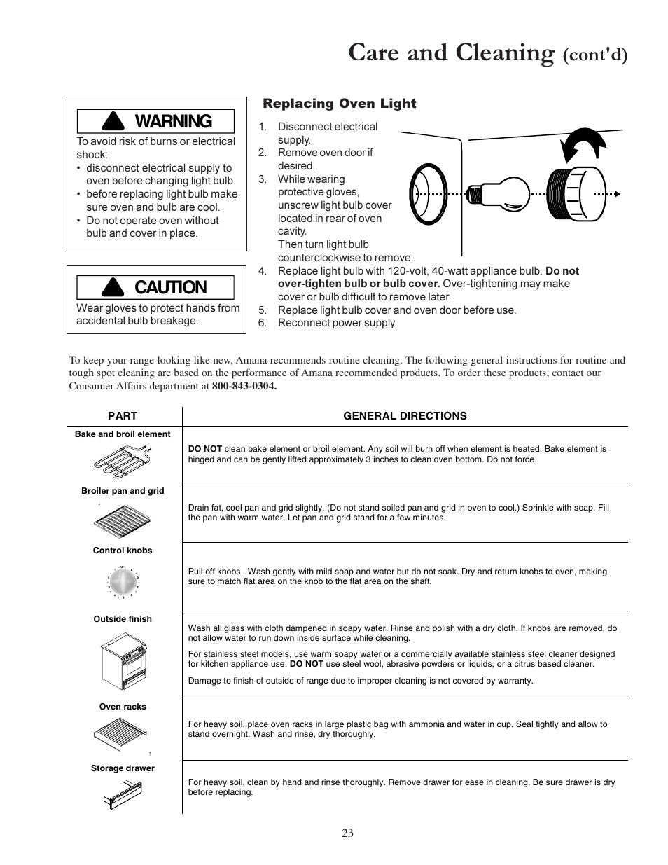 Care and cleaning, Cont'd), Caution | Warning | Amana ACS7280A User Manual | Page 23 / 28