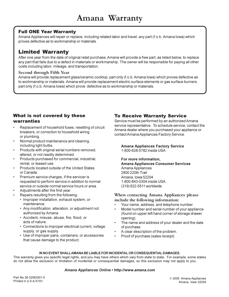 Amana warranty, Limited warranty | Amana ACS7280A User Manual | Page 28 / 28
