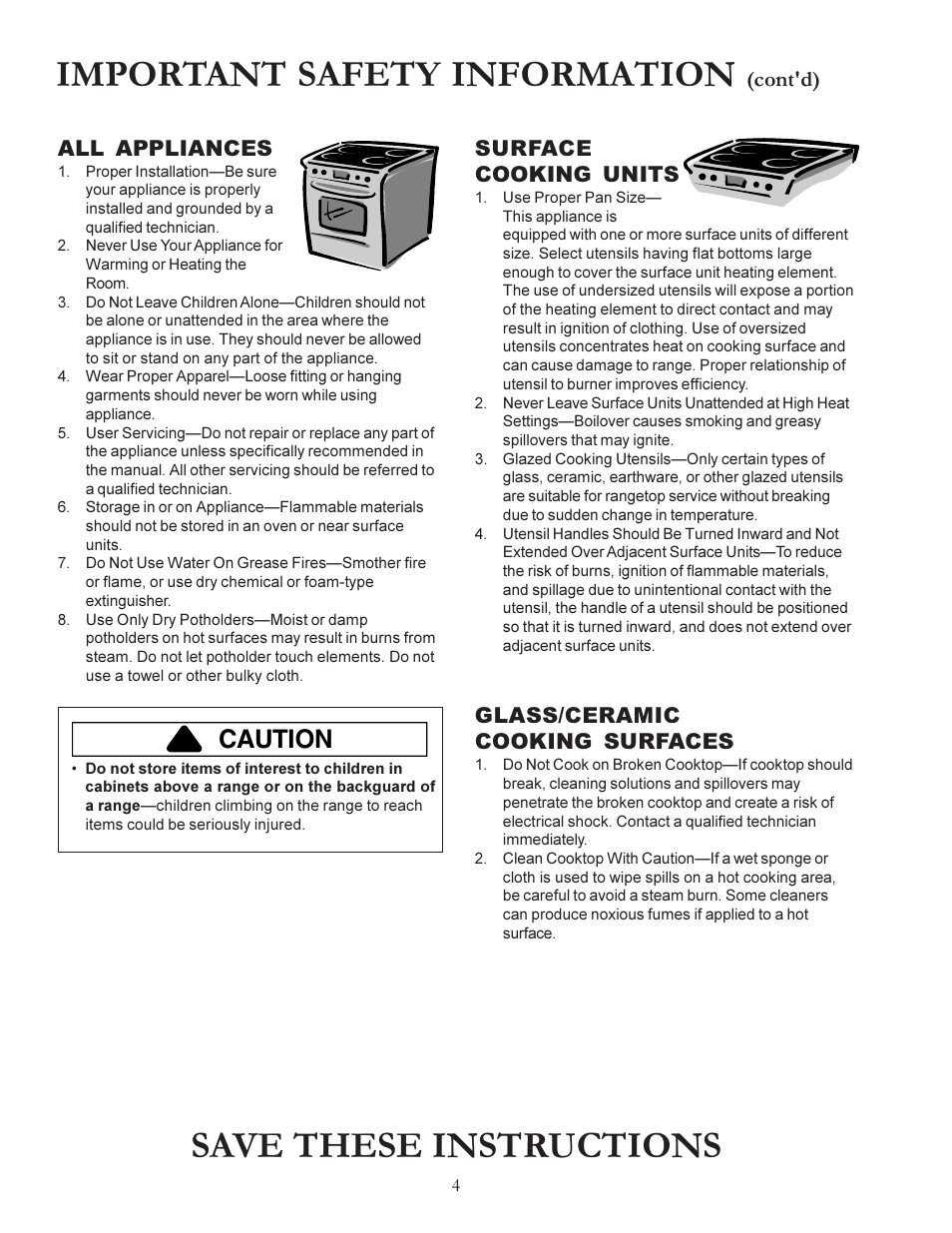 Important safety information, Save these instructions, Caution | All appliances, Surface cooking units, Glass/ceramic cooking surfaces, Cont'd) | Amana ACS7280A User Manual | Page 4 / 28