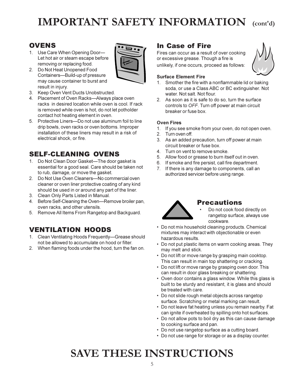 Important safety information, Save these instructions, Ovens | Self-cleaning ovens, Ventilation hoods, Cont'd), Precautions | Amana ACS7280A User Manual | Page 5 / 28