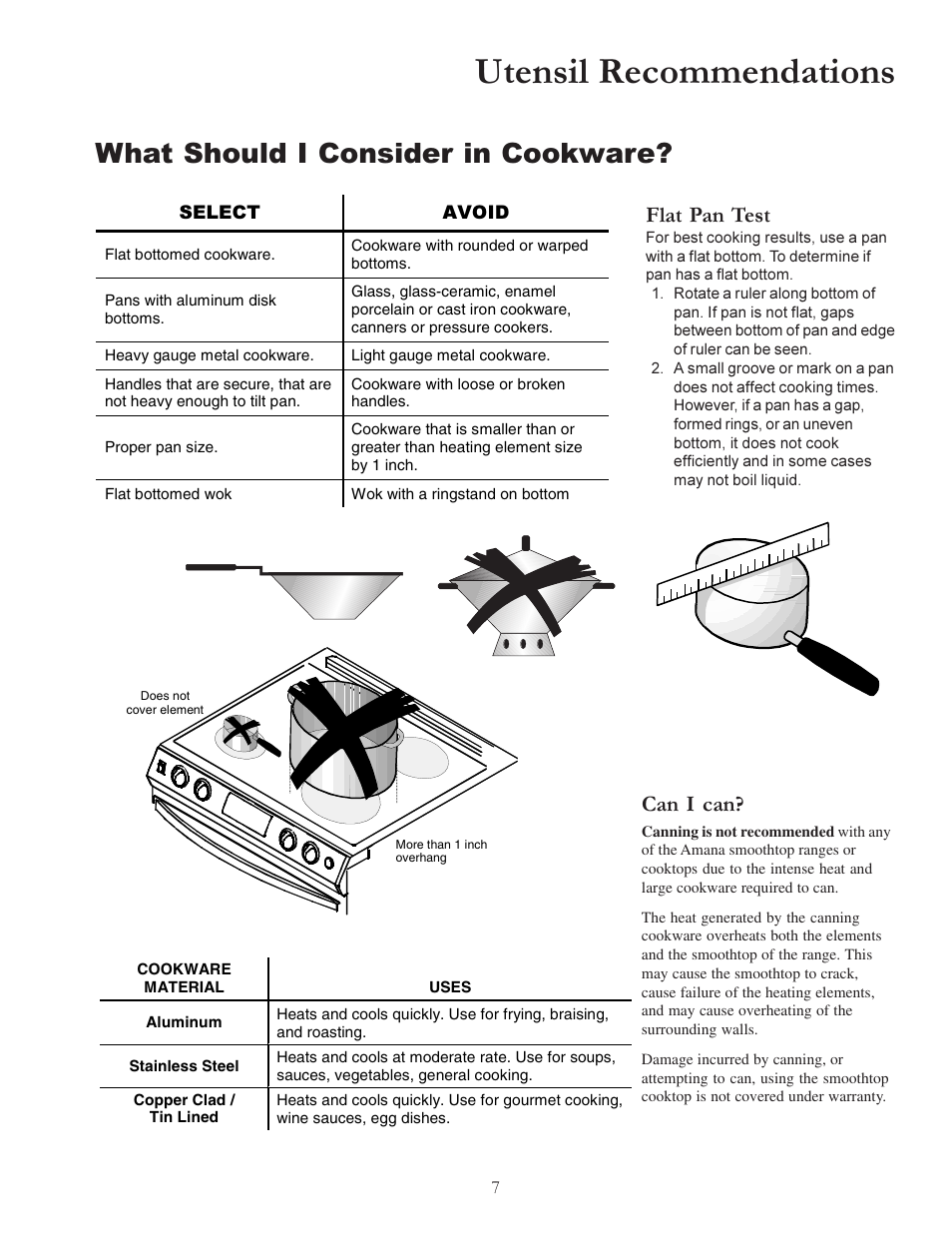 Utensil recommendations, What should i consider in cookware, Flat pan test | Can i can | Amana ACS7280A User Manual | Page 7 / 28