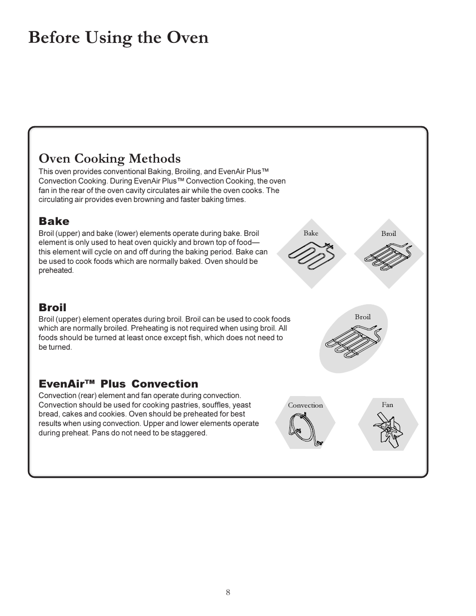 Before using the oven, Oven cooking methods, Bake | Broil, Evenair plus convection | Amana ACS7280A User Manual | Page 8 / 28