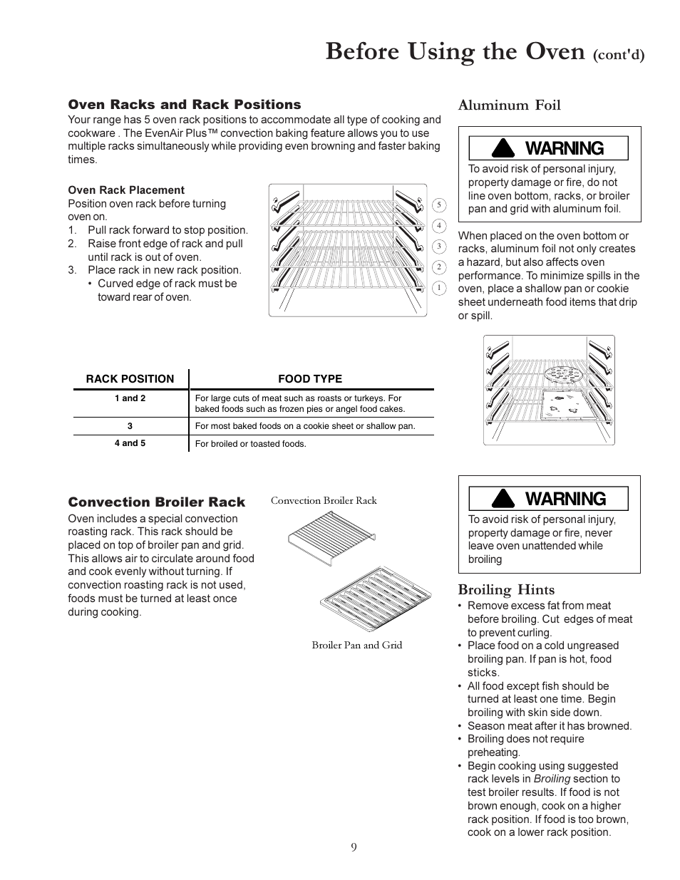 Before using the oven, Warning, Aluminum foil | Cont'd), Broiling hints | Amana ACS7280A User Manual | Page 9 / 28