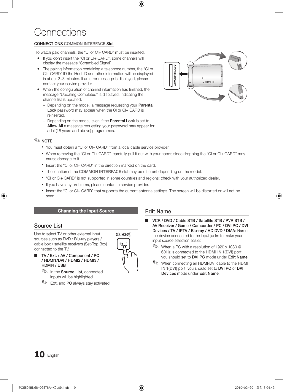 Changing the input source, Connections | Samsung PS50C551G2W User Manual | Page 10 / 452
