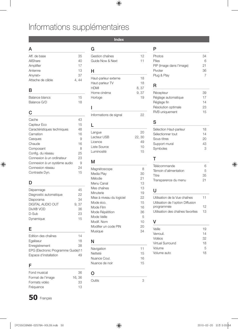 Informations supplémentaires | Samsung PS50C551G2W User Manual | Page 100 / 452