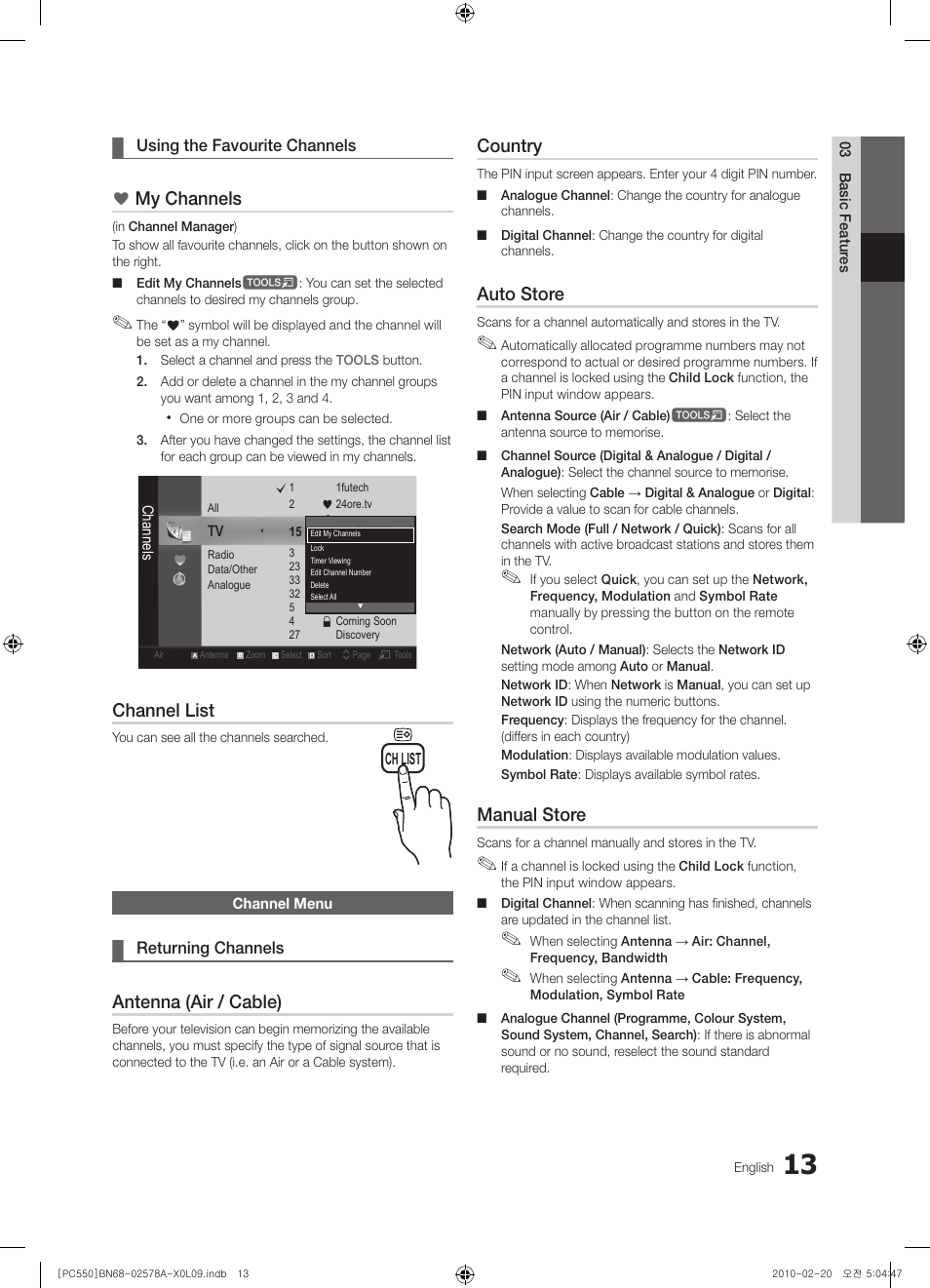 Channel menu, My channels, Channel list | Antenna (air / cable), Country, Auto store, Manual store | Samsung PS50C551G2W User Manual | Page 13 / 452