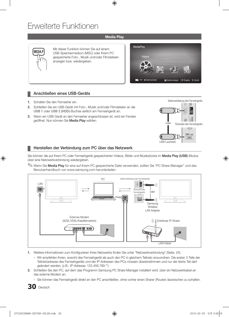 Erweiterte funktionen, Anschließen eines usb-geräts, Herstellen der verbindung zum pc über das netzwerk | Samsung PS50C551G2W User Manual | Page 130 / 452