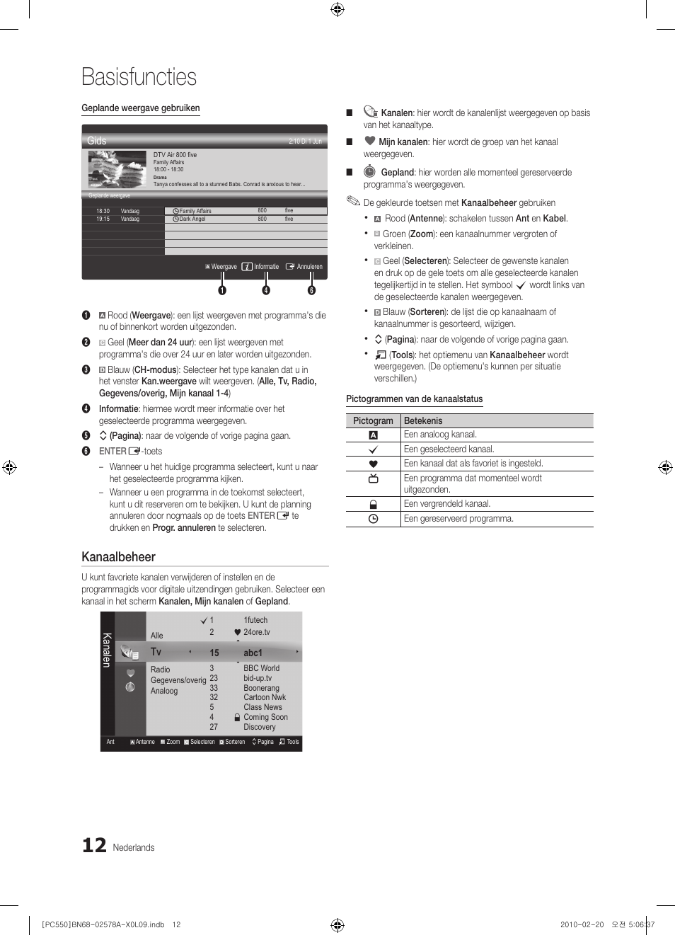 Basisfuncties, Kanaalbeheer | Samsung PS50C551G2W User Manual | Page 162 / 452