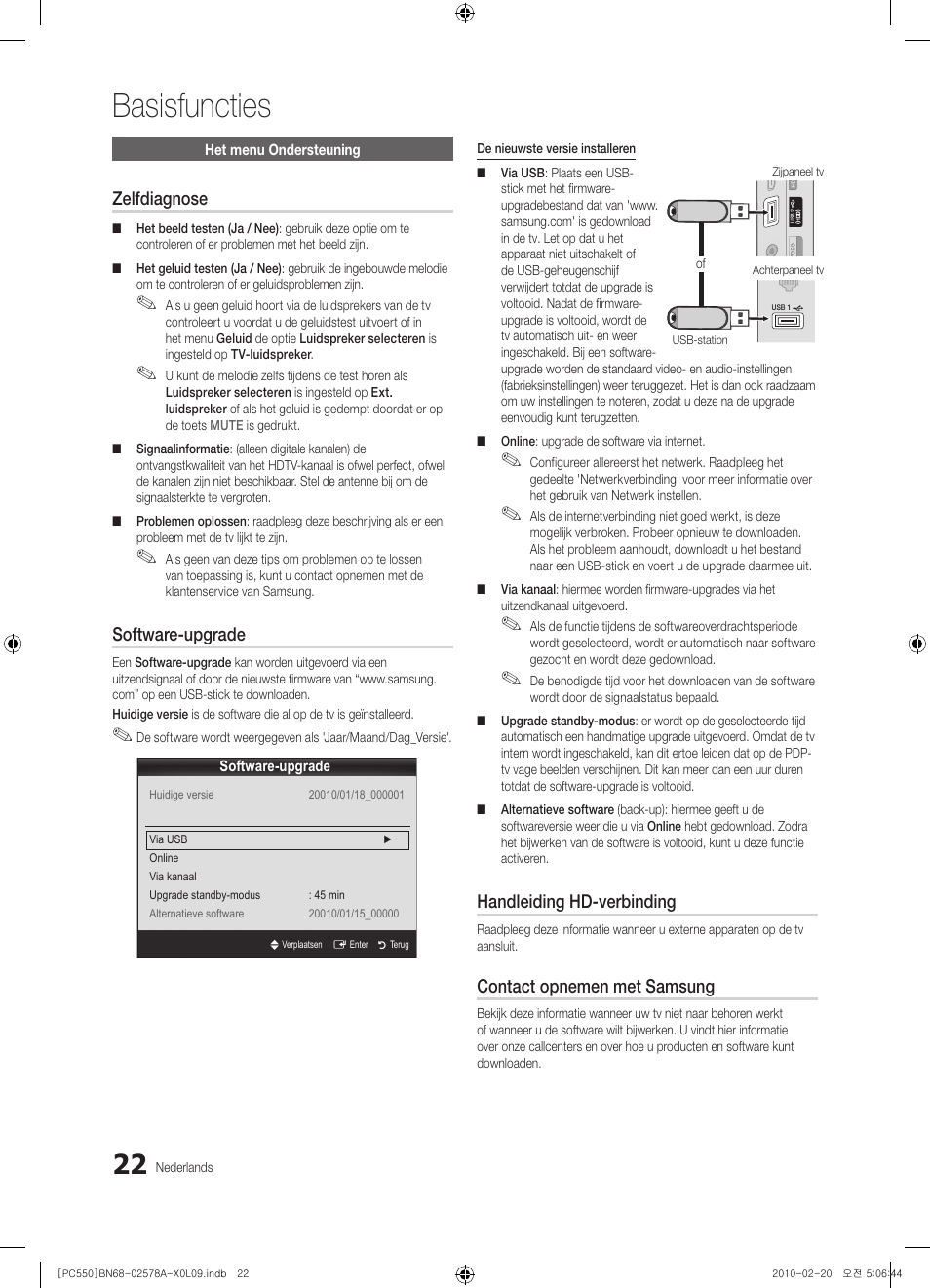 Basisfuncties, Zelfdiagnose, Software-upgrade | Handleiding hd-verbinding, Contact opnemen met samsung | Samsung PS50C551G2W User Manual | Page 172 / 452