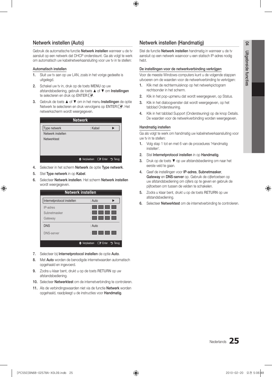 Netwerk instellen (auto), Netwerk instellen (handmatig) | Samsung PS50C551G2W User Manual | Page 175 / 452