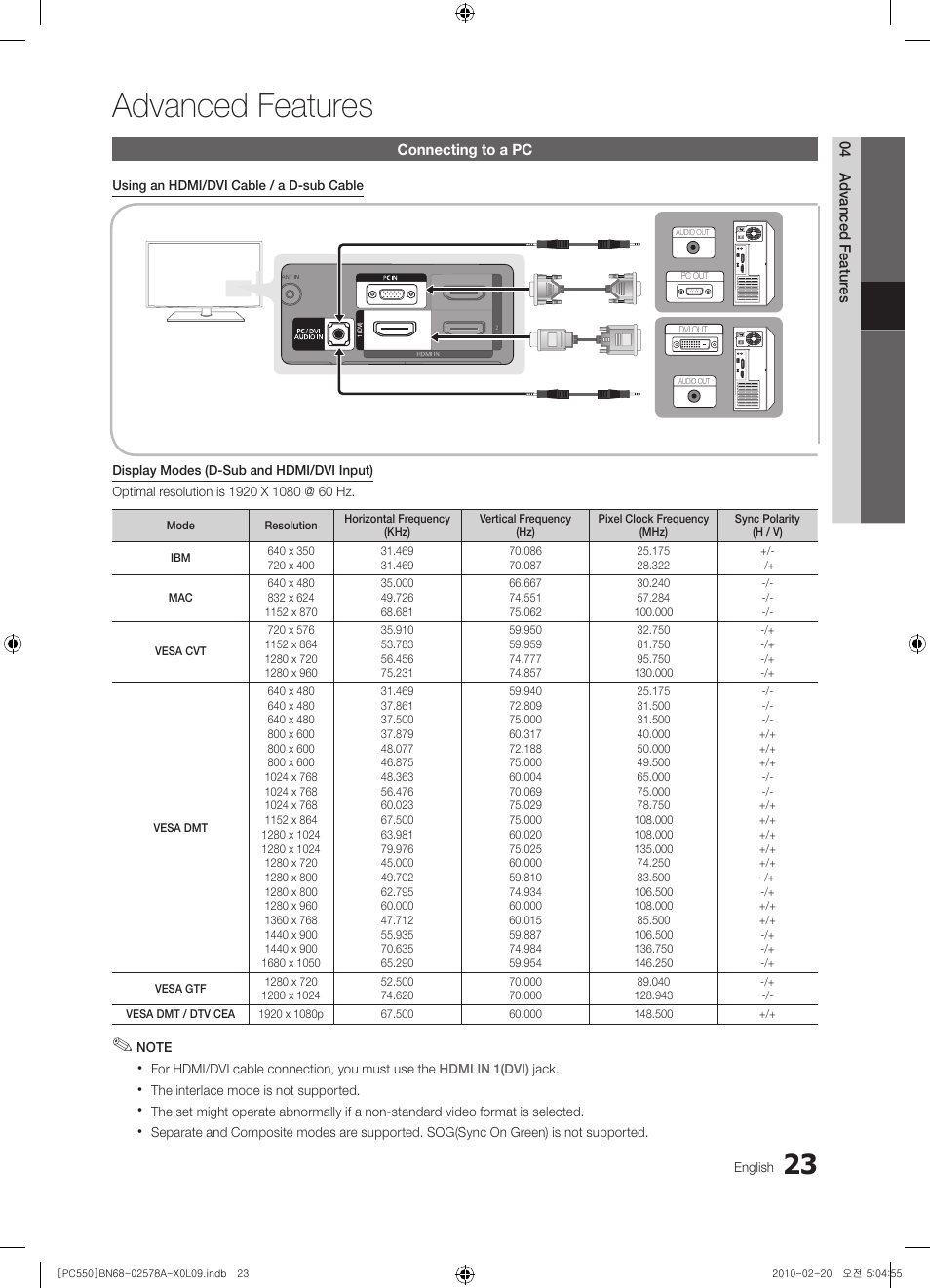 Advanced features, Connecting to a pc | Samsung PS50C551G2W User Manual | Page 23 / 452