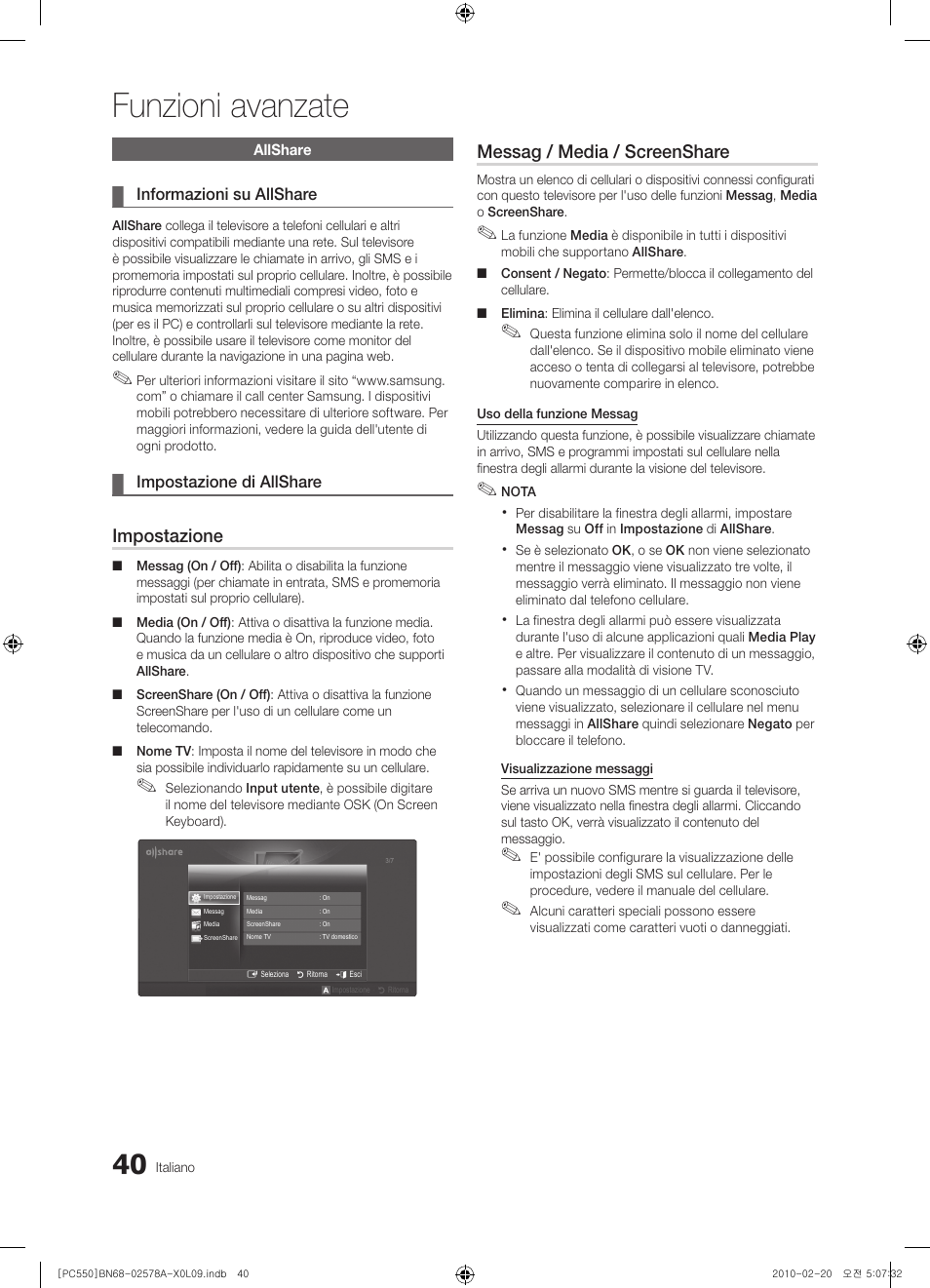 Funzioni avanzate, Impostazione, Messag / media / screenshare | Samsung PS50C551G2W User Manual | Page 240 / 452