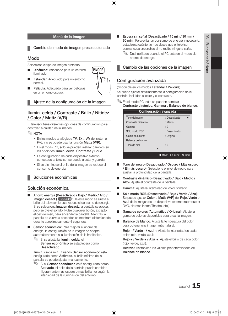 Modo, Solución económica, Configuración avanzada | Samsung PS50C551G2W User Manual | Page 265 / 452