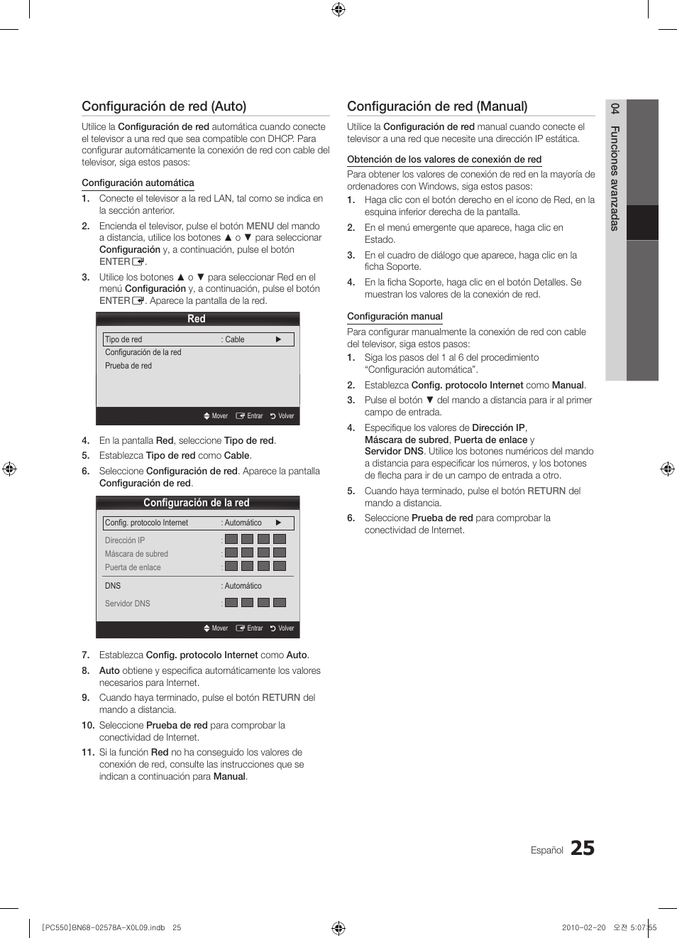 Configuración de red (auto), Configuración de red (manual) | Samsung PS50C551G2W User Manual | Page 275 / 452