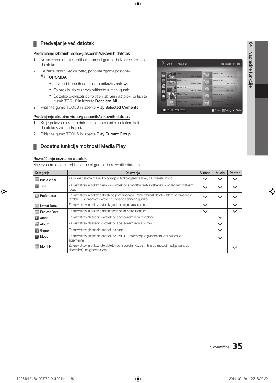 Predvajanje več datotek, Dodatna funkcija možnosti media play | Samsung PS50C551G2W User Manual | Page 385 / 452