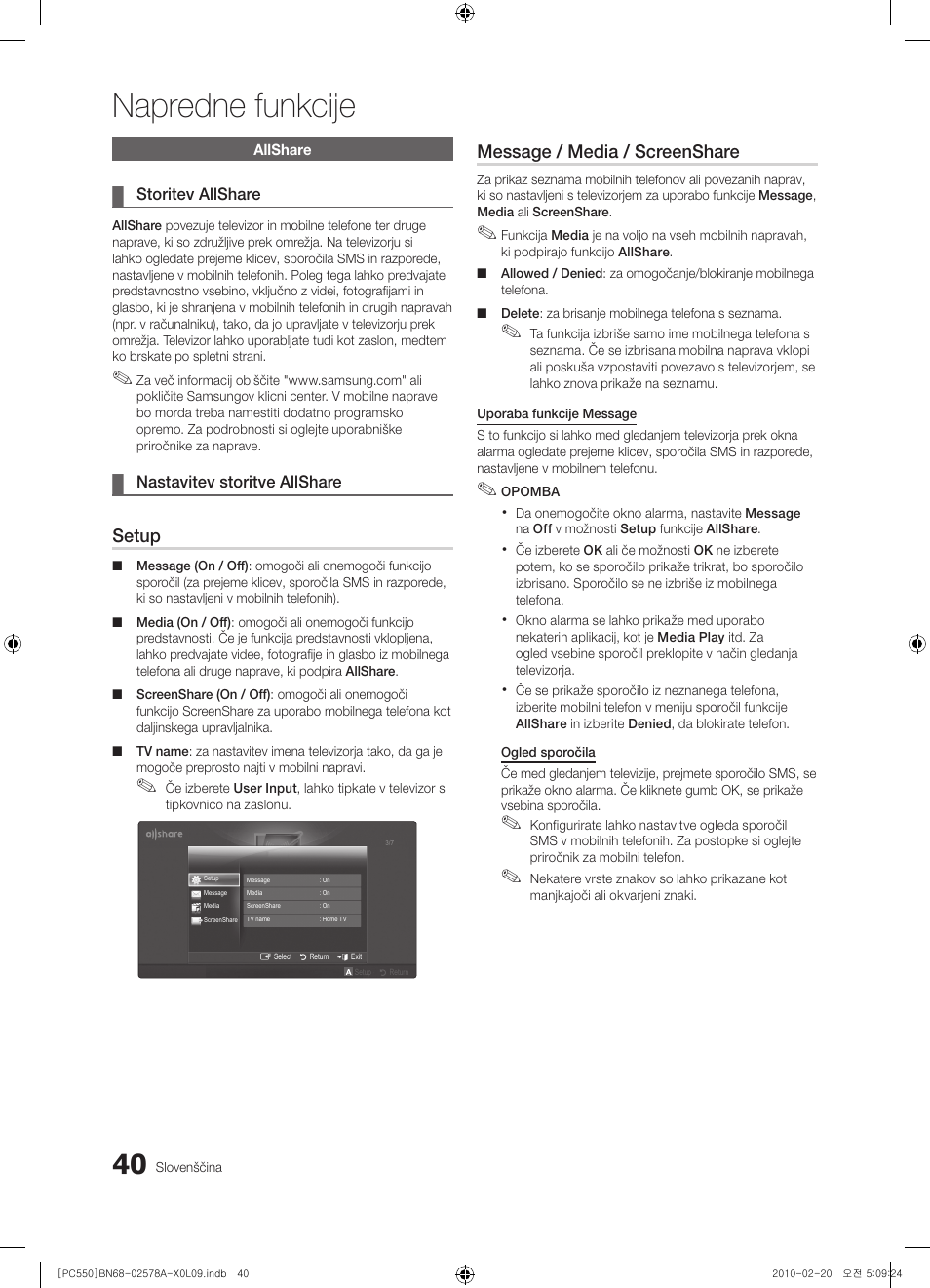 Napredne funkcije, Setup, Message / media / screenshare | Samsung PS50C551G2W User Manual | Page 390 / 452