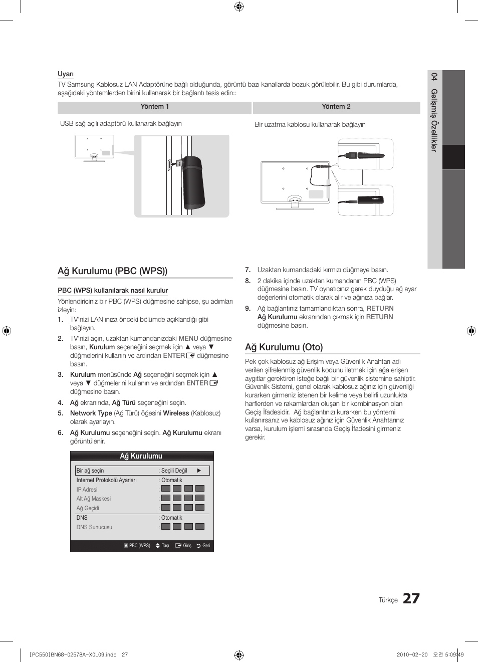 Ağ kurulumu (pbc (wps)), Ağ kurulumu (oto) | Samsung PS50C551G2W User Manual | Page 427 / 452