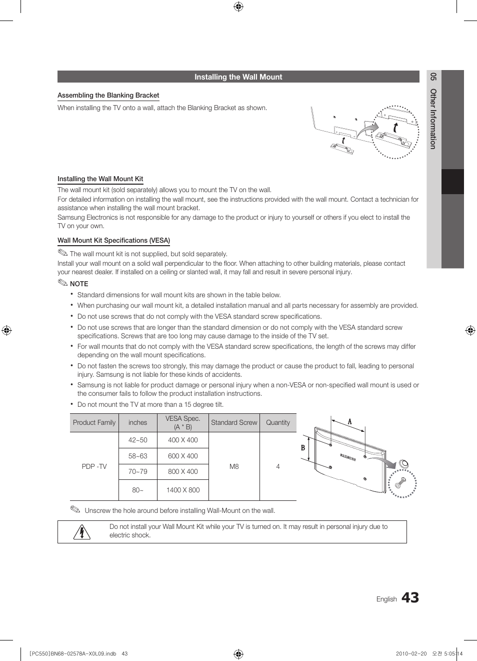 Installing the wall mount | Samsung PS50C551G2W User Manual | Page 43 / 452