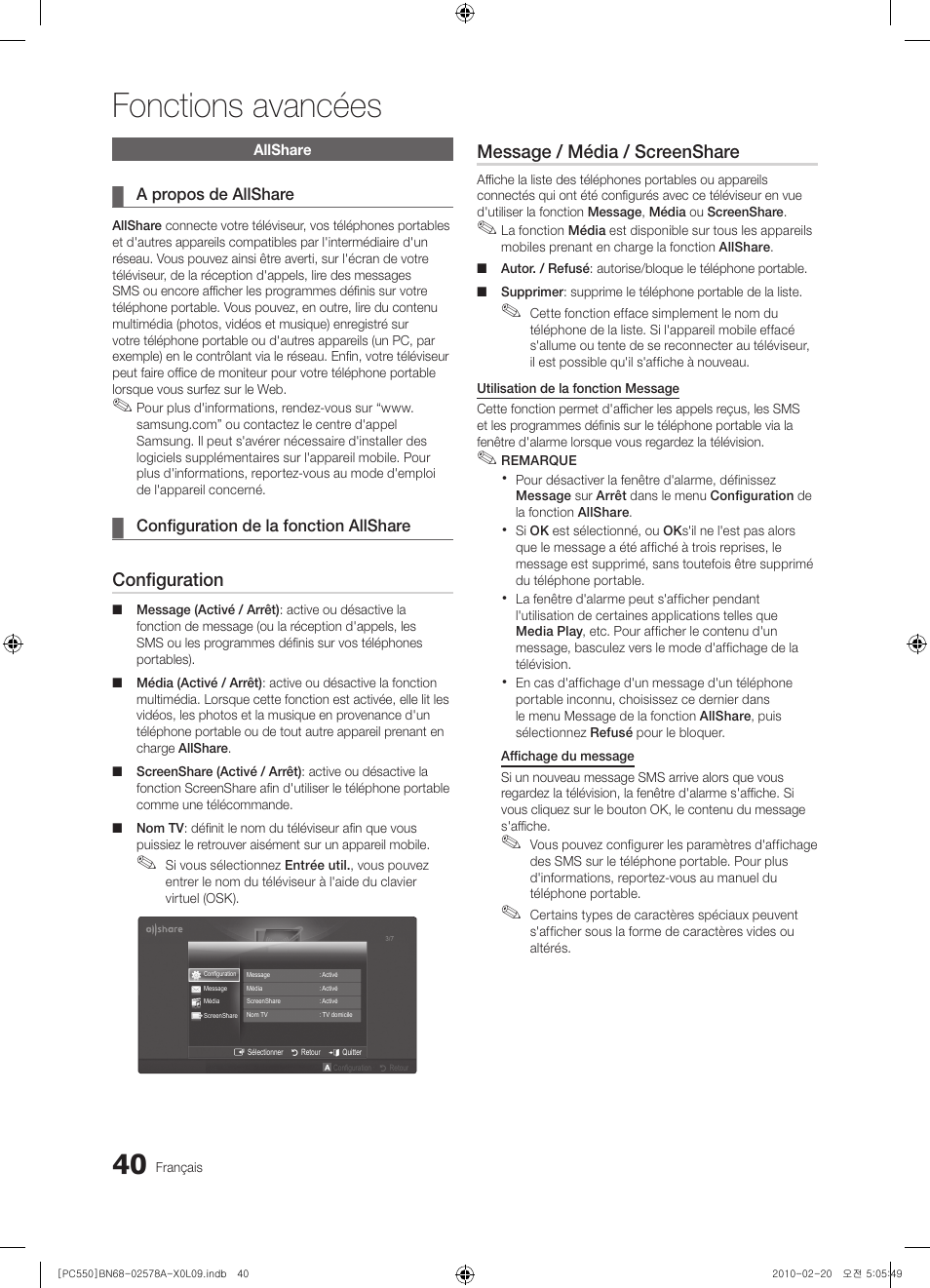Fonctions avancées, Configuration, Message / média / screenshare | Samsung PS50C551G2W User Manual | Page 90 / 452