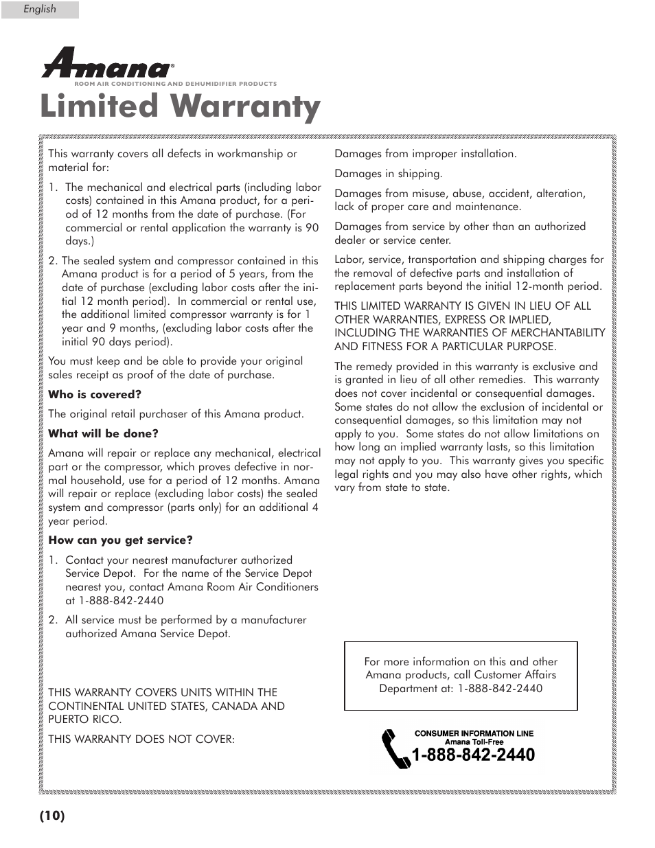 Limited warranty | Amana AP076E User Manual | Page 11 / 32
