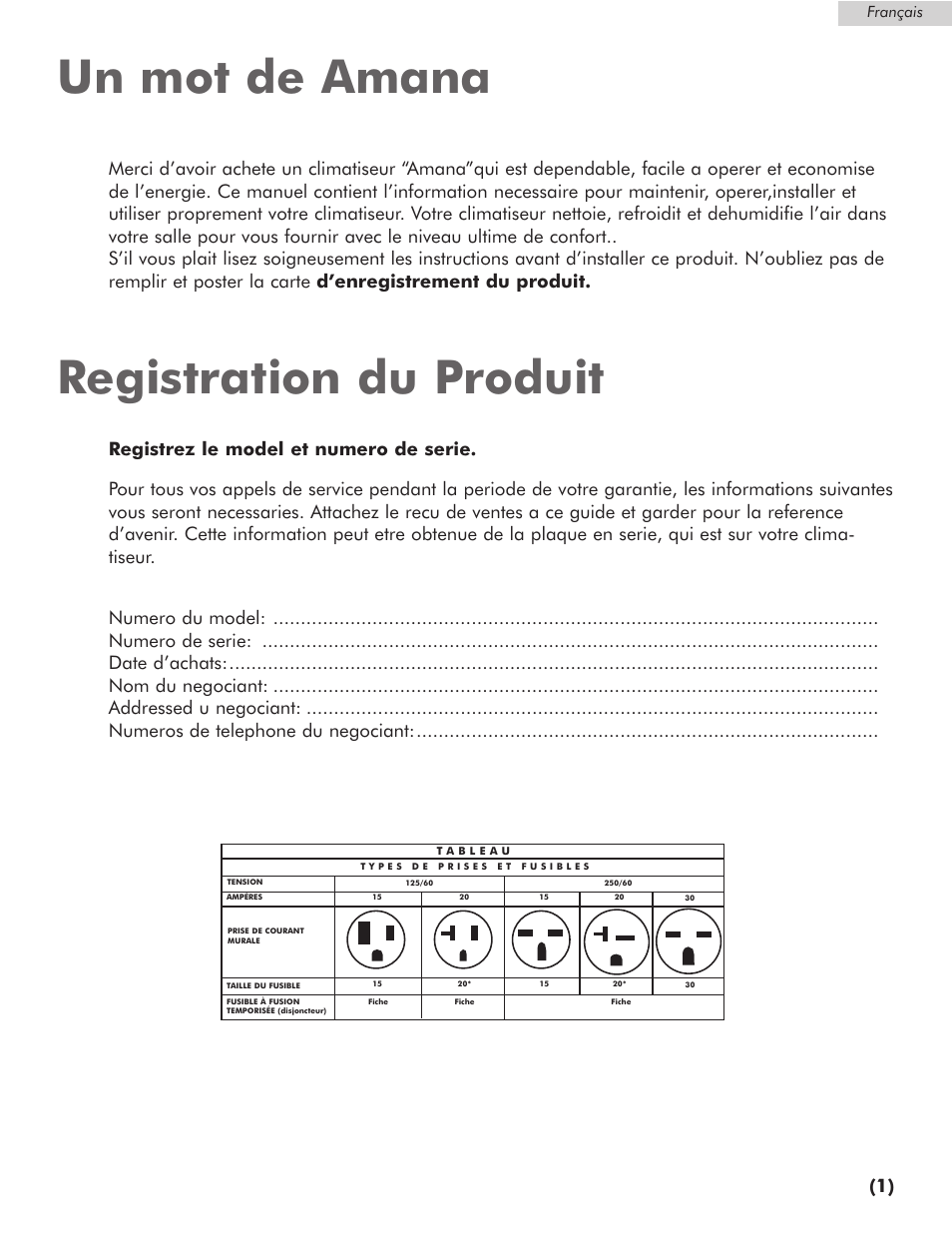 Un mot de amana registration du produit | Amana AP076E User Manual | Page 12 / 32