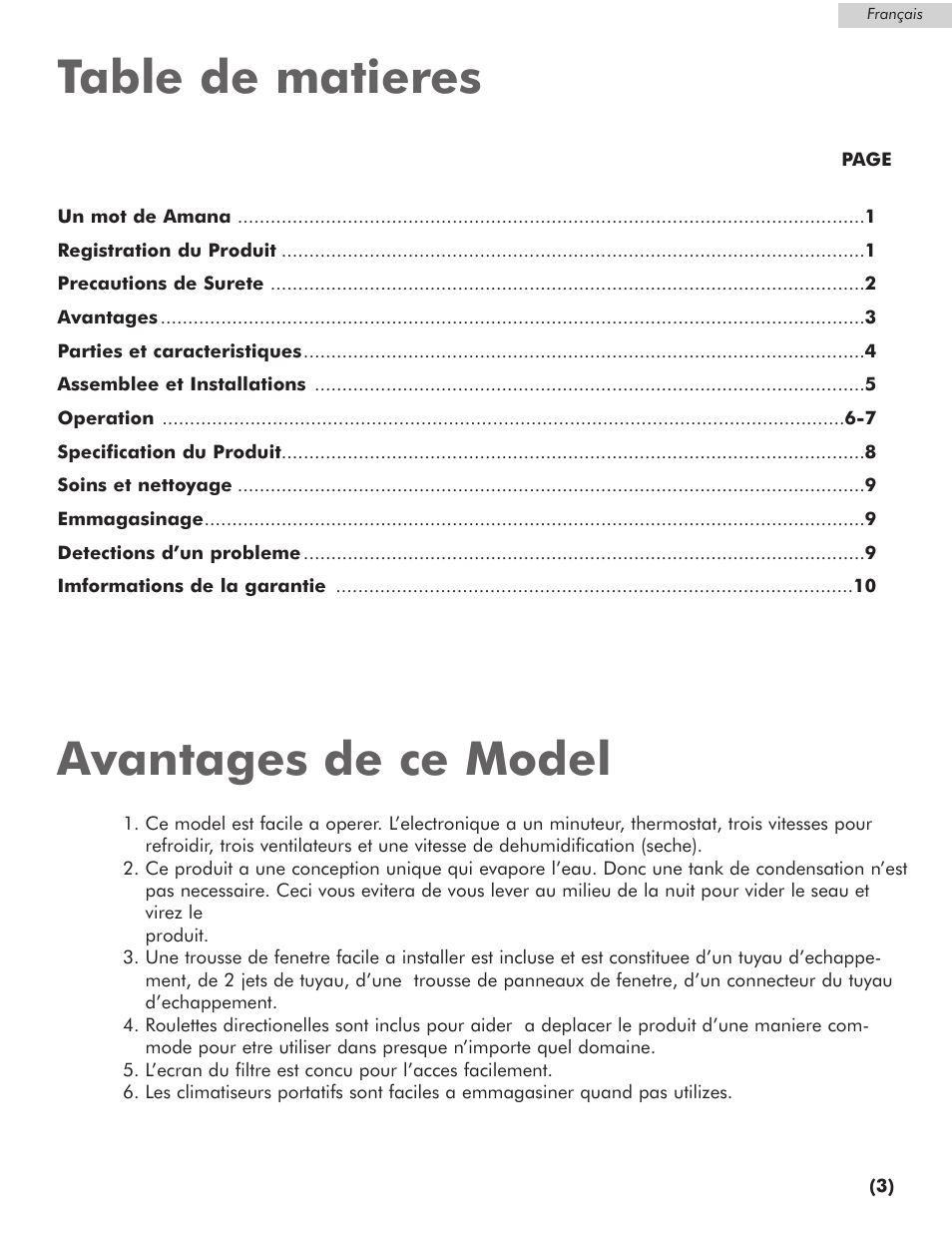Table de matieres, Avantages de ce model | Amana AP076E User Manual | Page 14 / 32