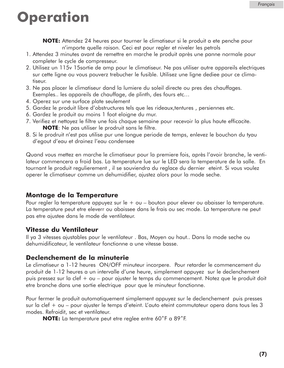 Operation | Amana AP076E User Manual | Page 18 / 32