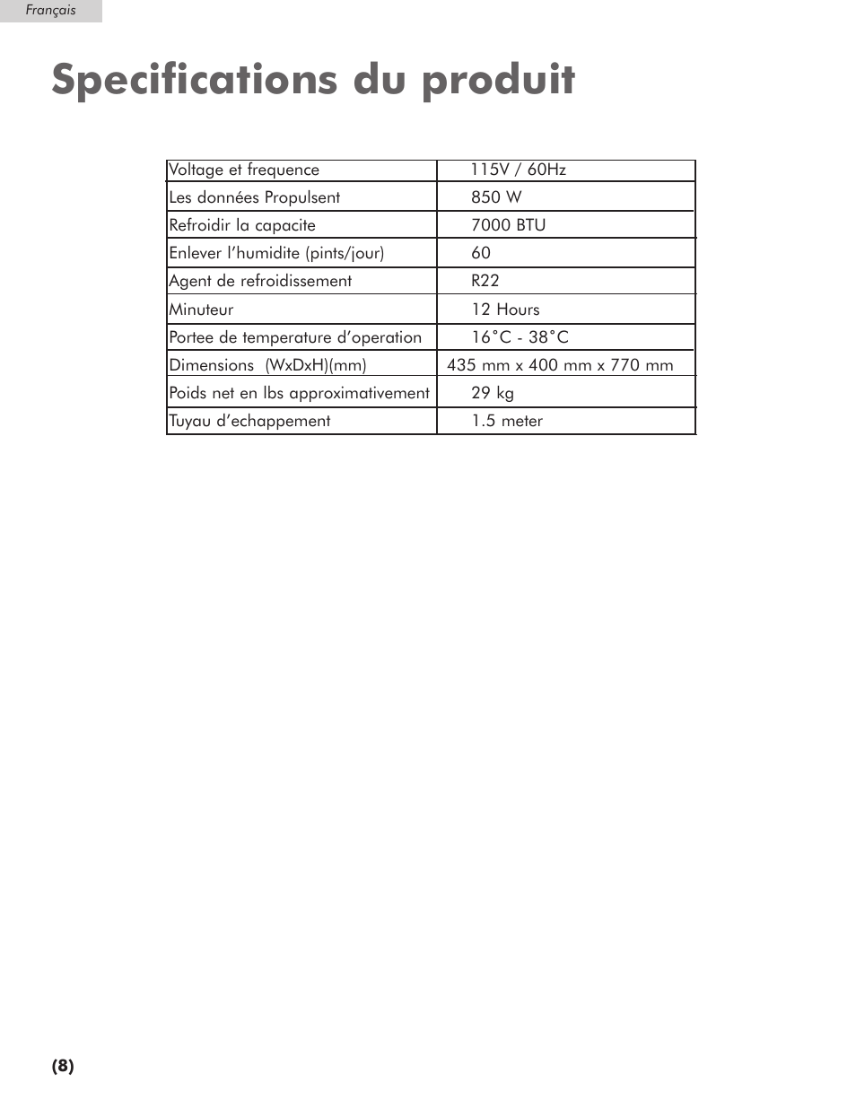 Specifications du produit | Amana AP076E User Manual | Page 19 / 32