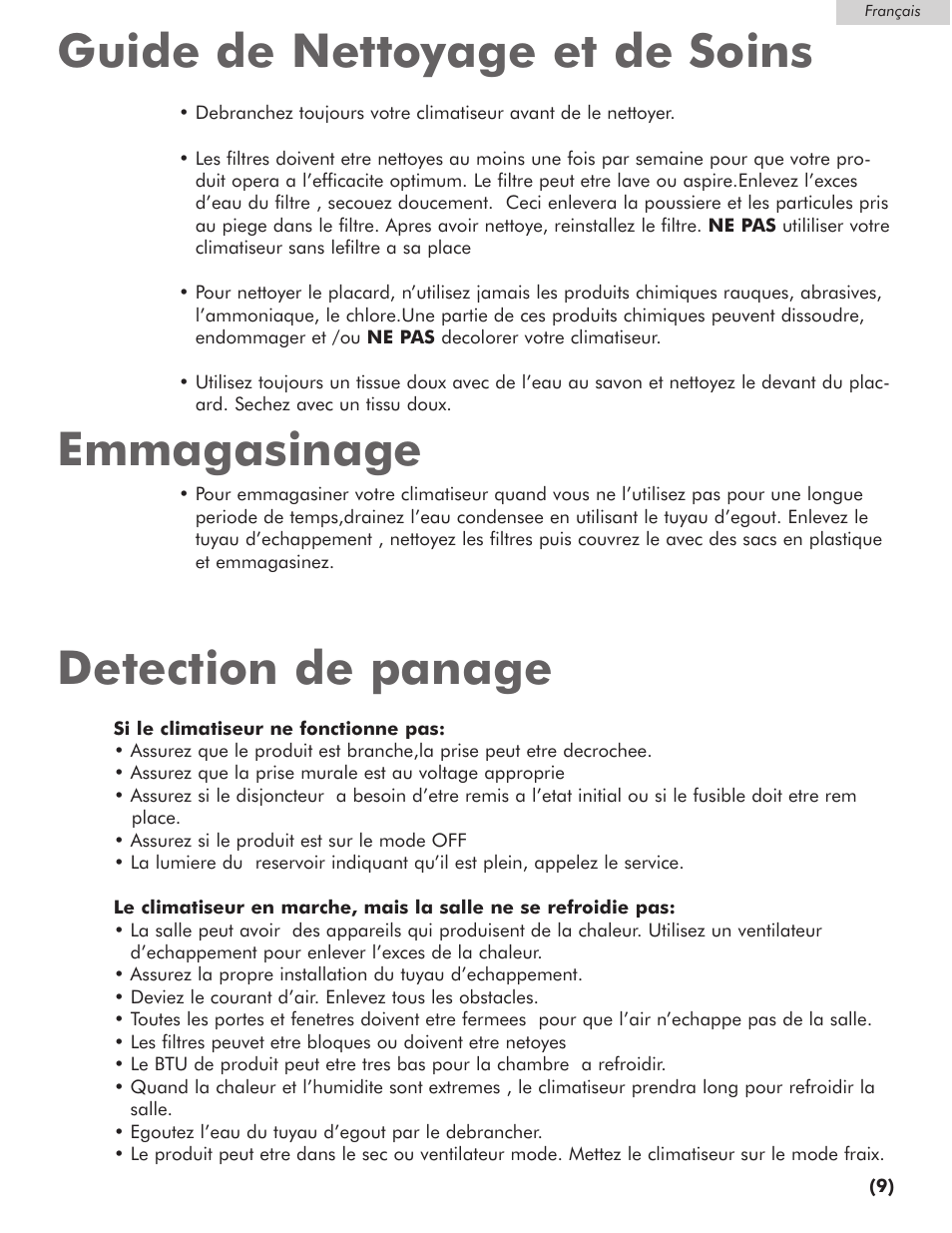 Guide de nettoyage et de soins emmagasinage, Detection de panage | Amana AP076E User Manual | Page 20 / 32