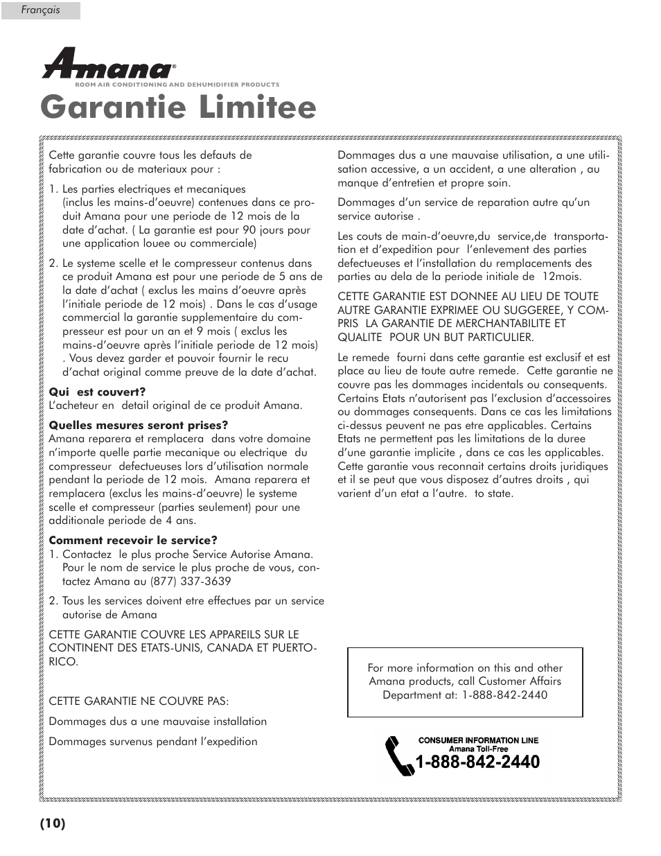 Garantie limitee | Amana AP076E User Manual | Page 21 / 32
