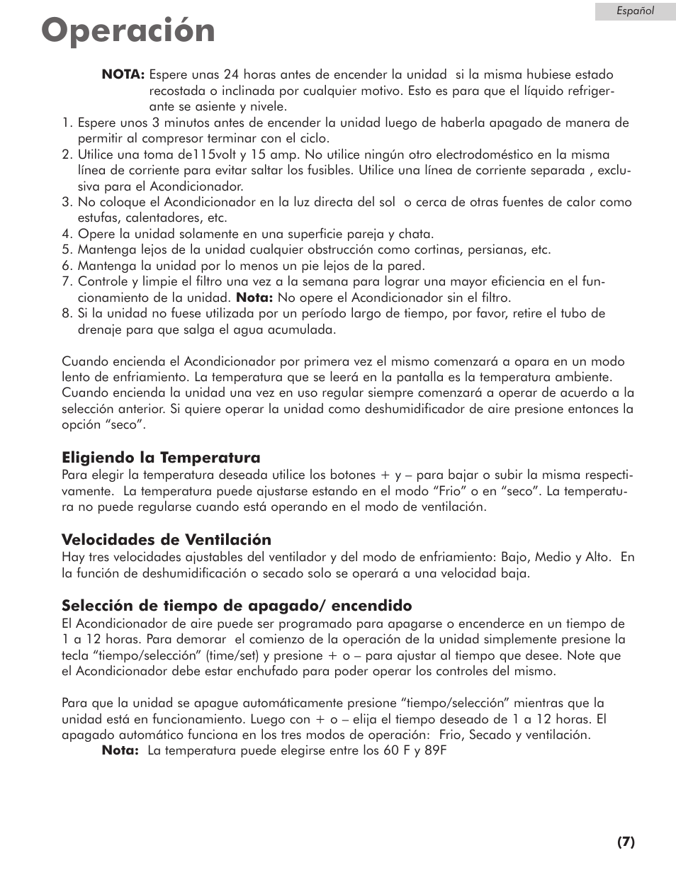 Operación | Amana AP076E User Manual | Page 28 / 32