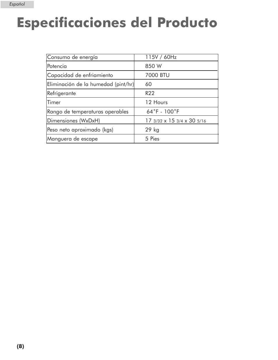 Especificaciones del producto | Amana AP076E User Manual | Page 29 / 32