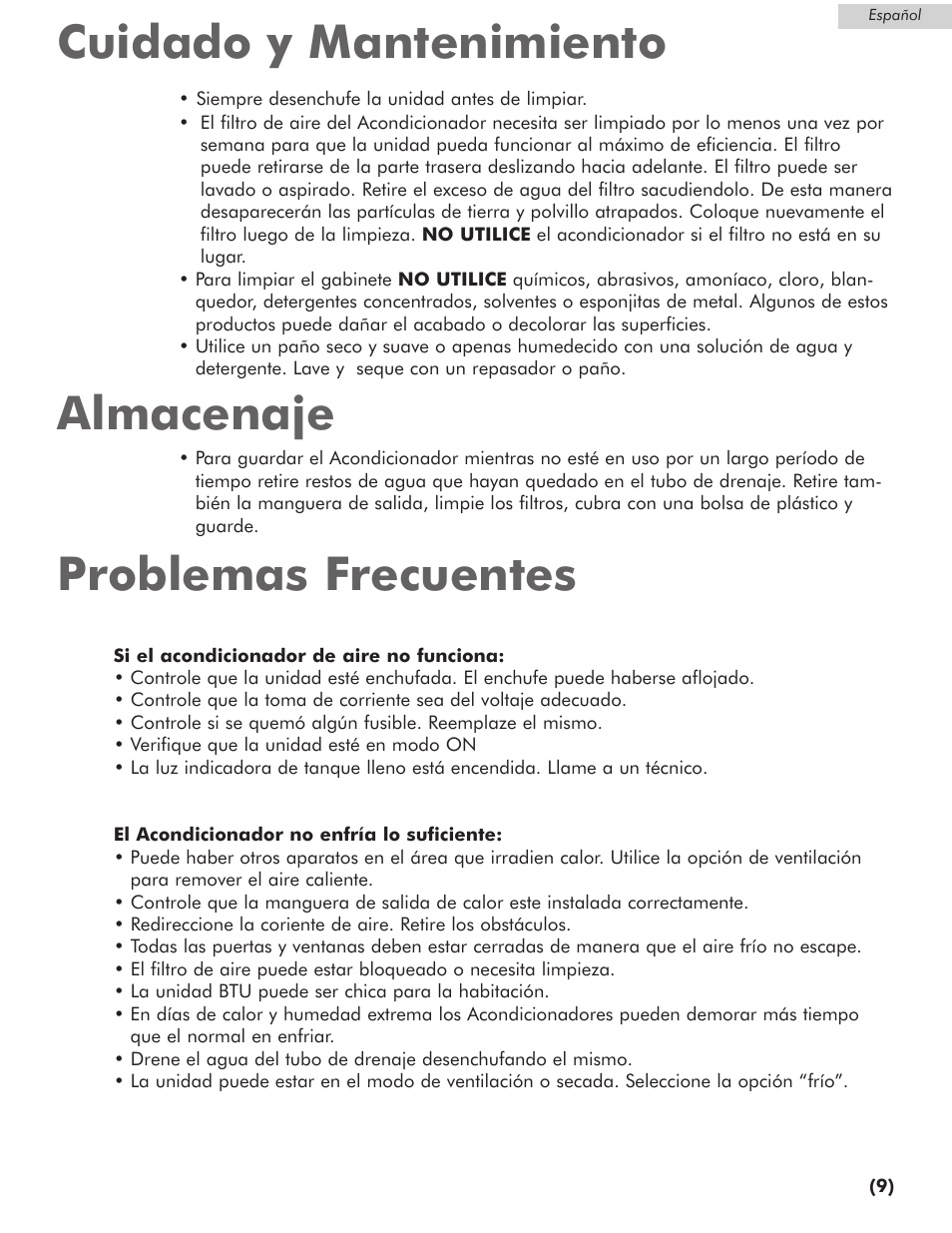 Cuidado y mantenimiento almacenaje, Problemas frecuentes | Amana AP076E User Manual | Page 30 / 32