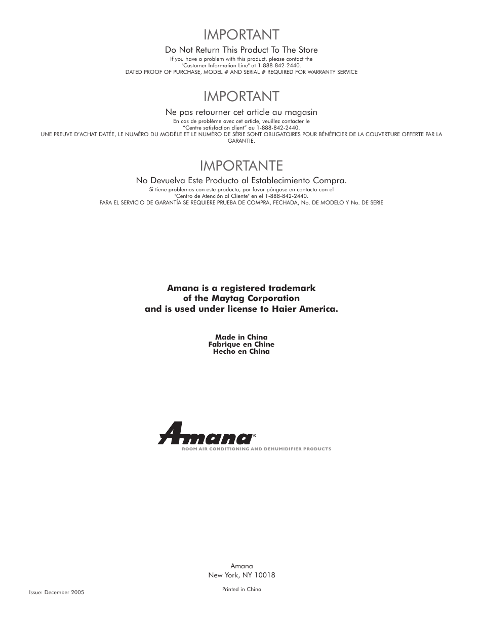 Important, Importante | Amana AP076E User Manual | Page 32 / 32