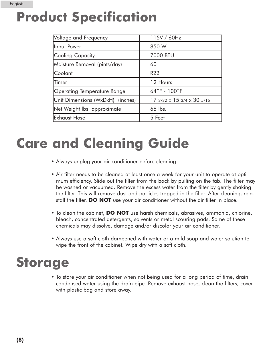 Care and cleaning guide storage, Product specification | Amana AP076E User Manual | Page 9 / 32