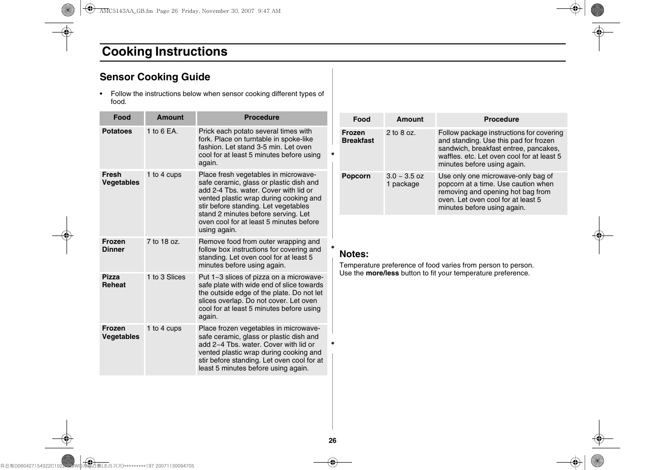 Cooking instructions, Sensor cooking guide | Amana AMC5143BCB/W/Q User Manual | Page 26 / 104