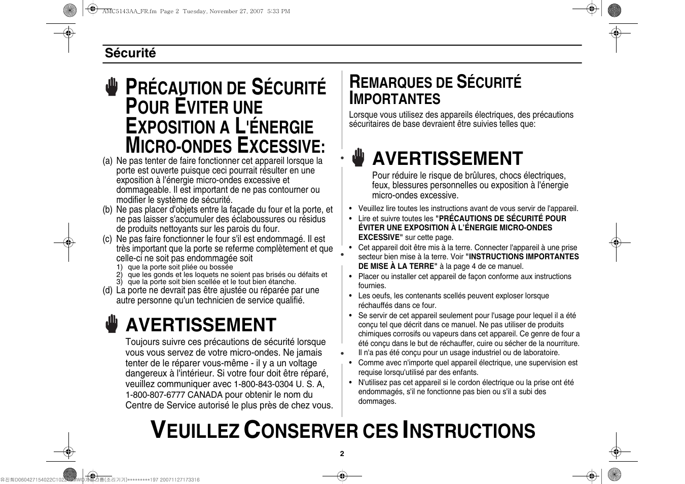 Euillez, Onserver ces, Nstructions | Avertissement, Récaution de, Écurité, Viter une, Xposition a, Énergie, Icro-ondes | Amana AMC5143BCB/W/Q User Manual | Page 36 / 104