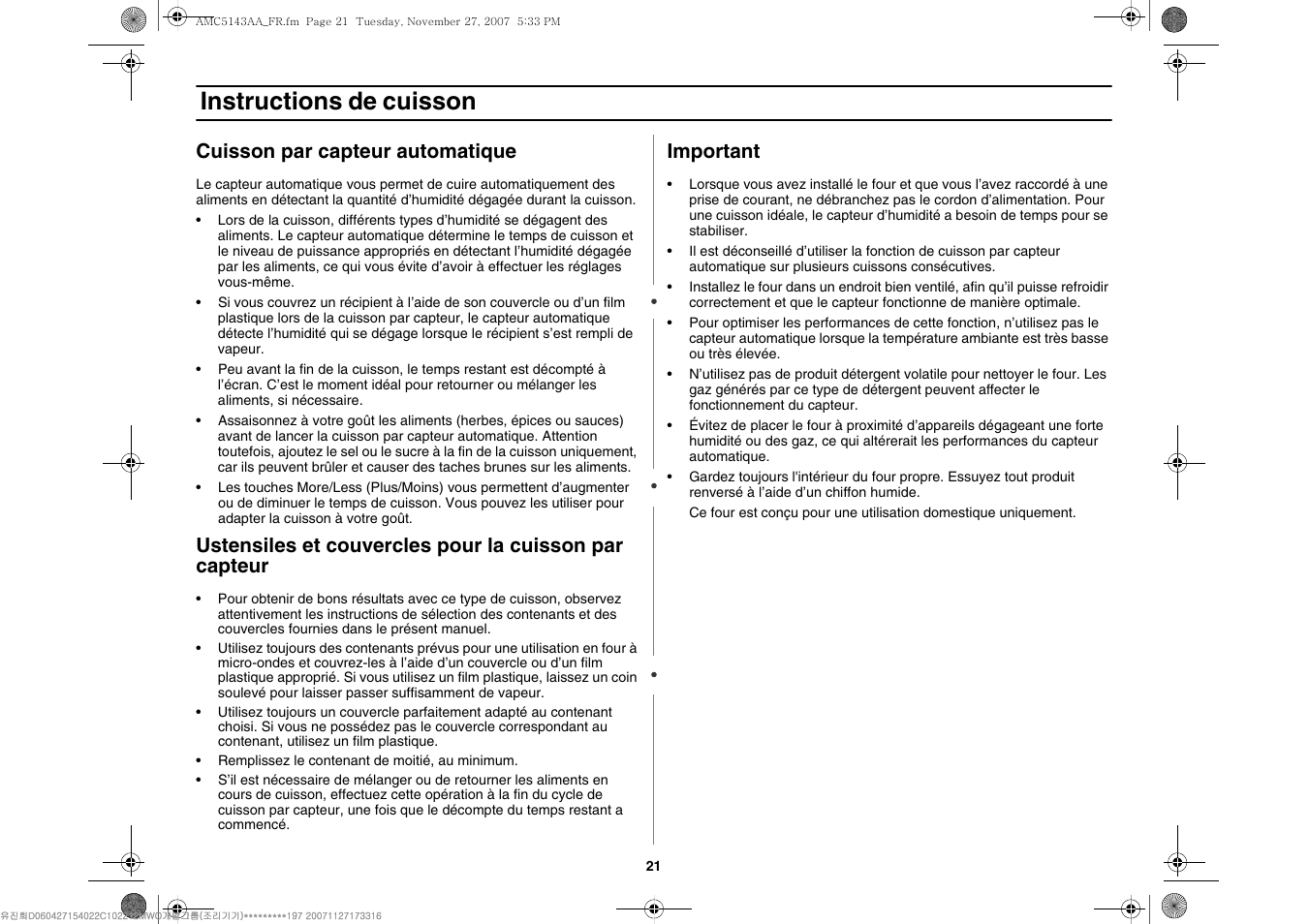Instructions de cuisson, Cuisson par capteur automatique, Important | Amana AMC5143BCB/W/Q User Manual | Page 55 / 104